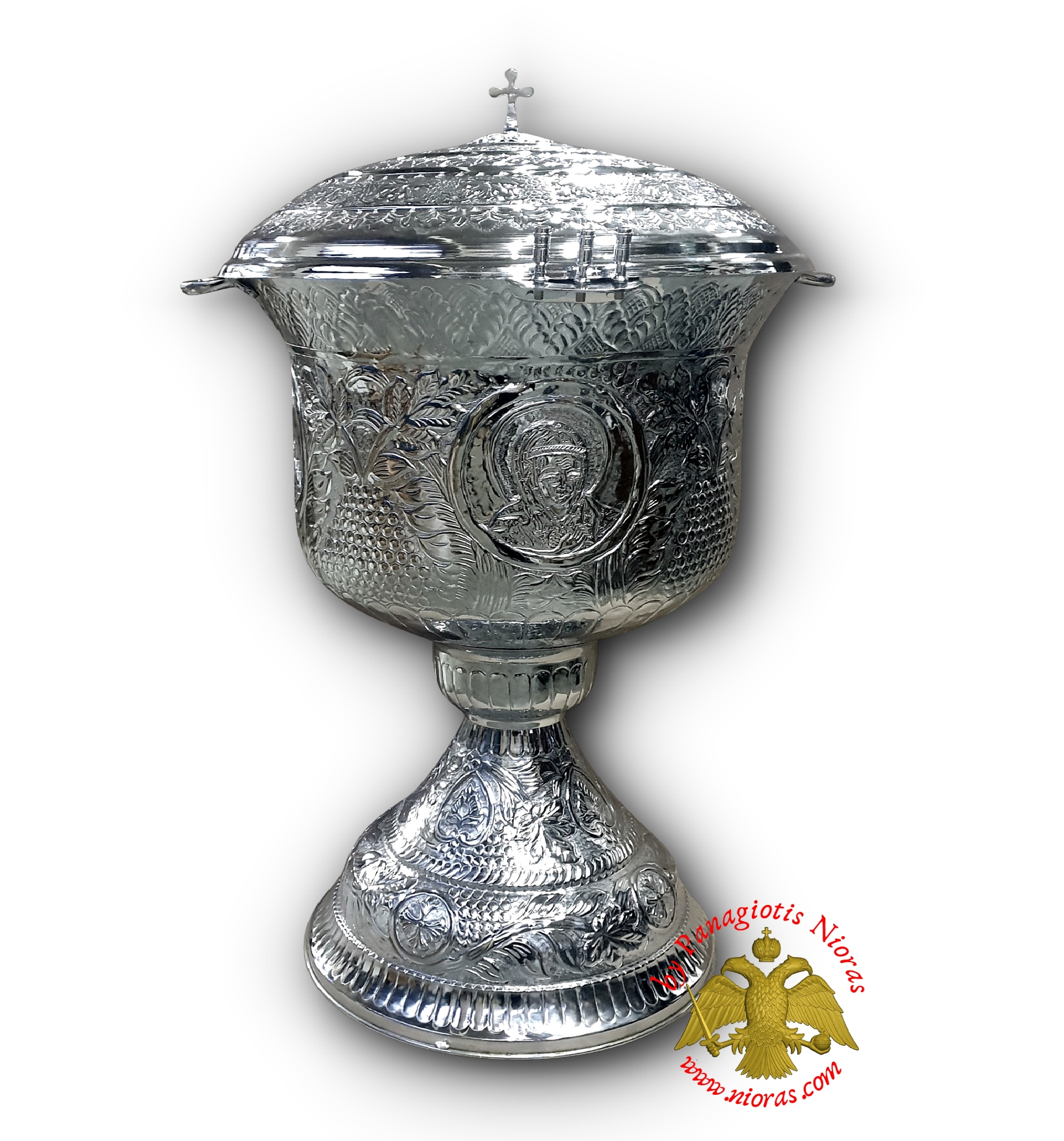 Hand Carved Baptismal Font with Holy Icons in the Body and Cover Lid Nickel Plated