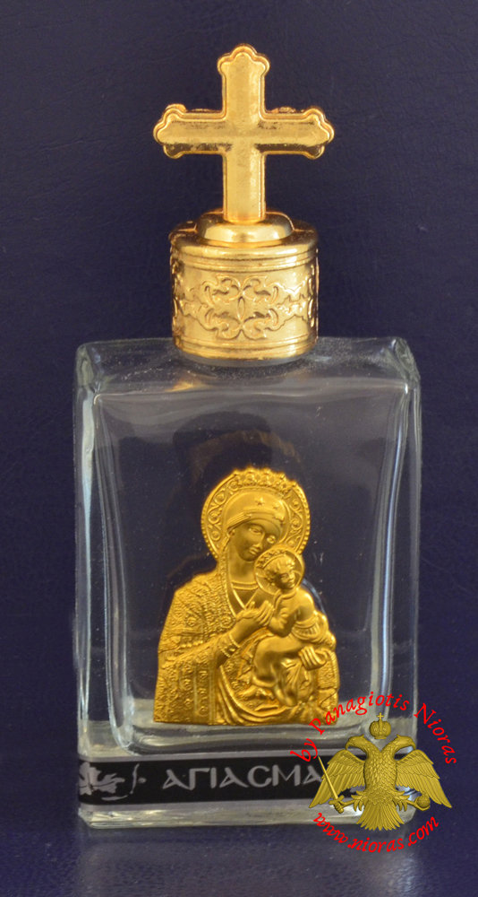 Holy Water Bottle With Golden Theotokos Icon and Metal Lid with Byzantine Cross 6x5cm