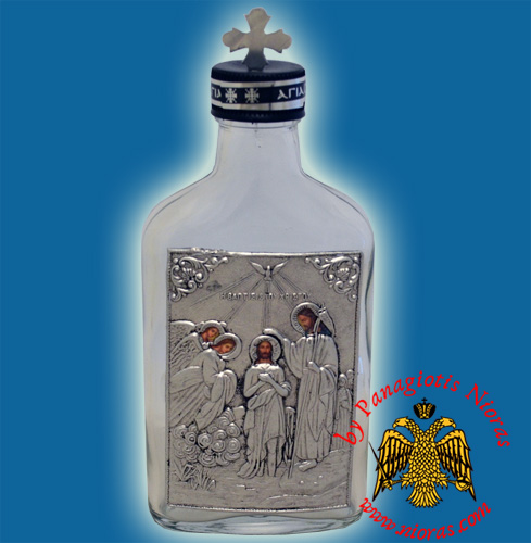 Holy Water or Holy Oil Bottle Clear with Holy Metal Epiphany Icon and Cross in the Lid