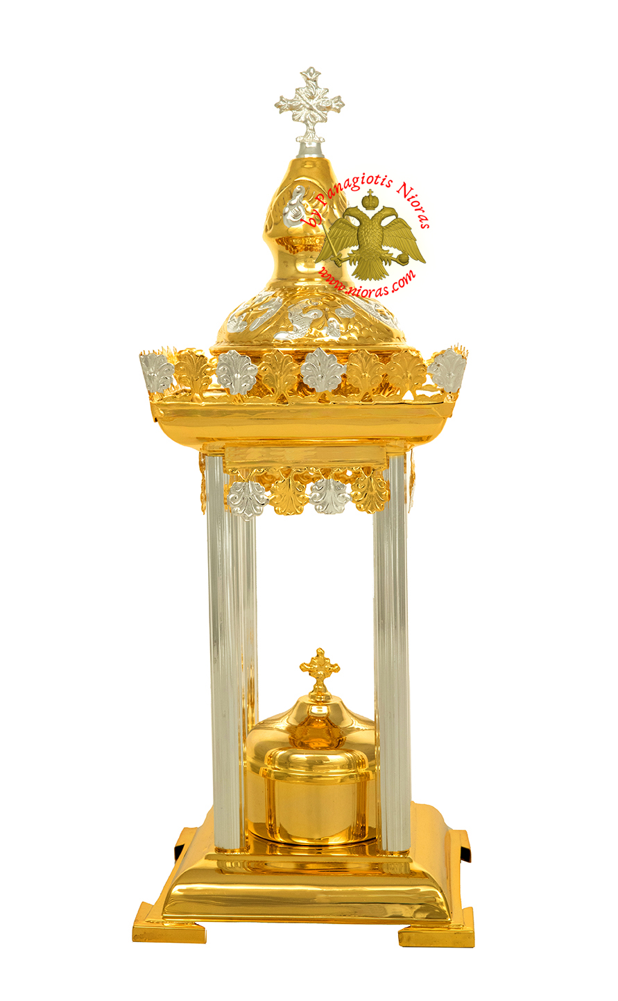 Holy Table Orthodox Tabernacle Small with Colums Metal Decorations Gold and Silver Plated