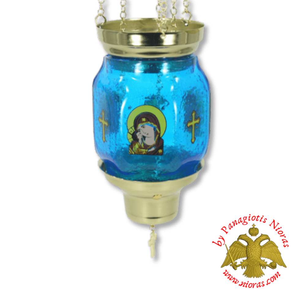 Vigil Oil Candle Hexagon Glass Fussing Light Blue with Sliding Down Metal Brass Mechanism for the Glass Cup